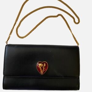 Authentic Vintage Versace Black Leather Handbag Red Heart Logo Gold Chain HTF